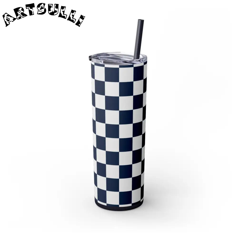 JAKKOUTTHEBXX Checkerboard White and Navy Blue Skinny Tumbler