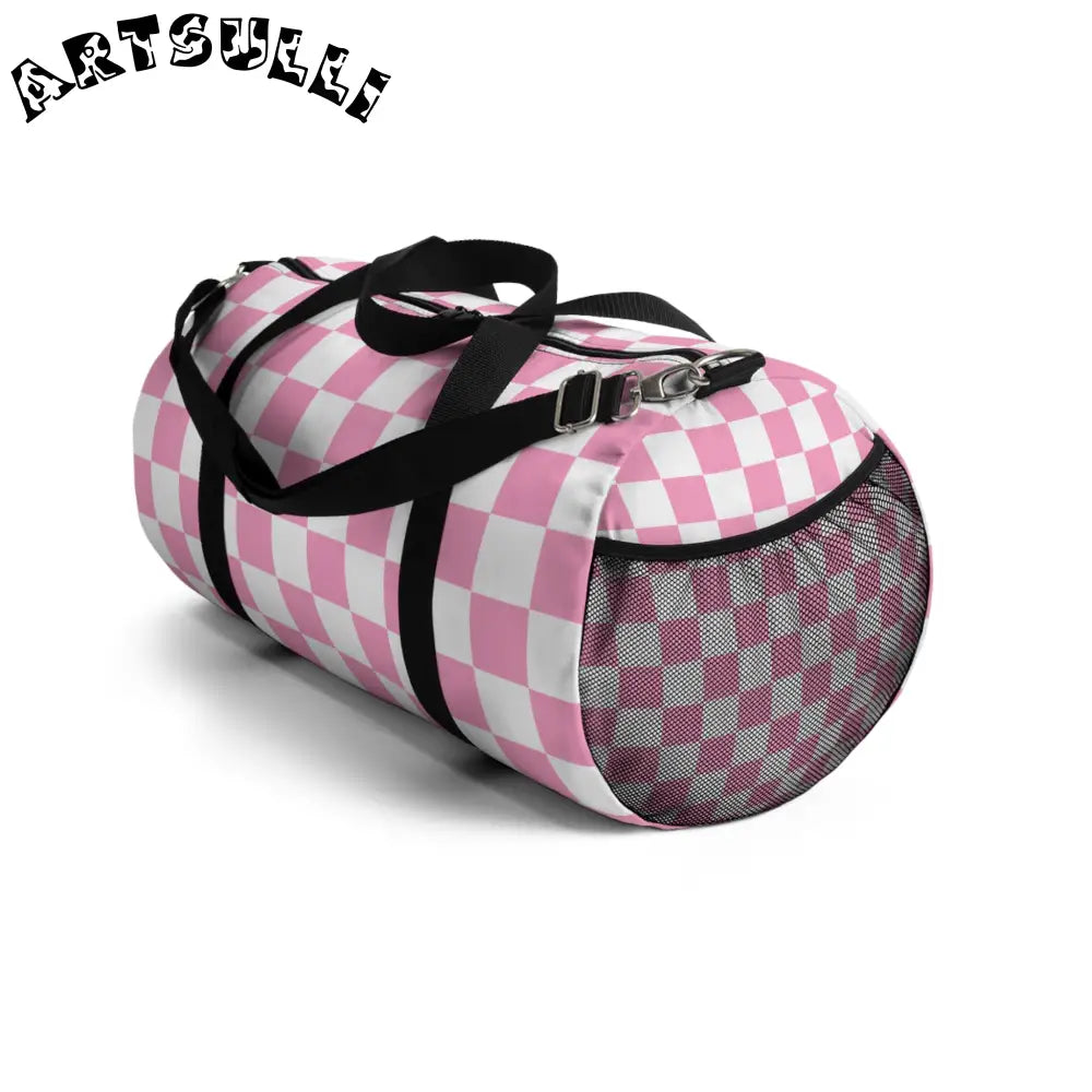 JAKKOUTTHEBXX Checkerboard Hot Pink and White Duffel Bag