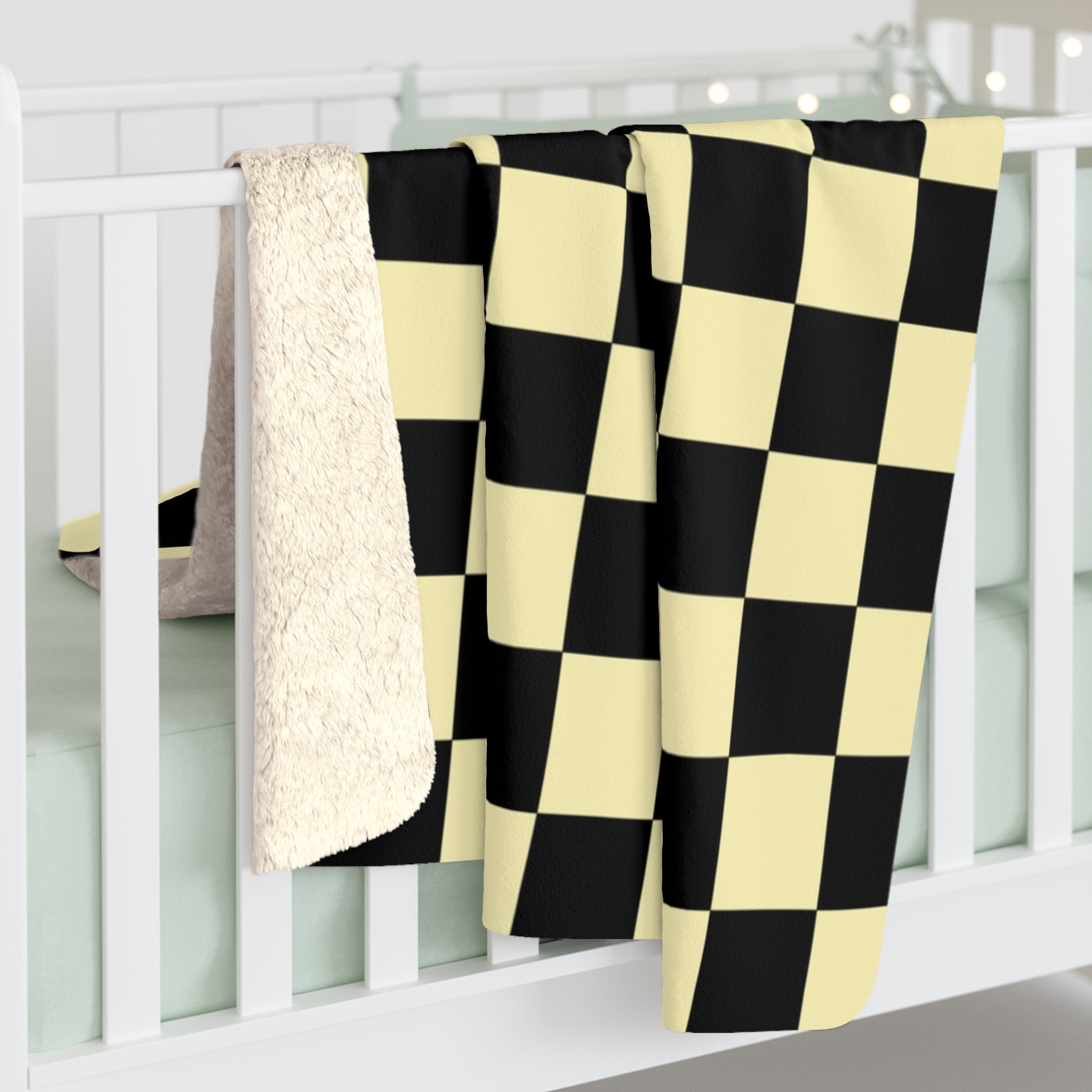 Checkerboard Black and Yellow Sherpa Fleece Blanket, Artsulli - Art is Long, Life is Short, Home Decor, , , , , , , 