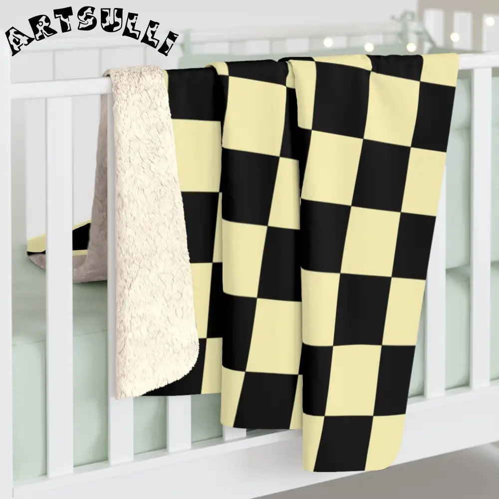 JAKKOUTTHEBXX Checkerboard Black and Yellow Sherpa Fleece Blanket