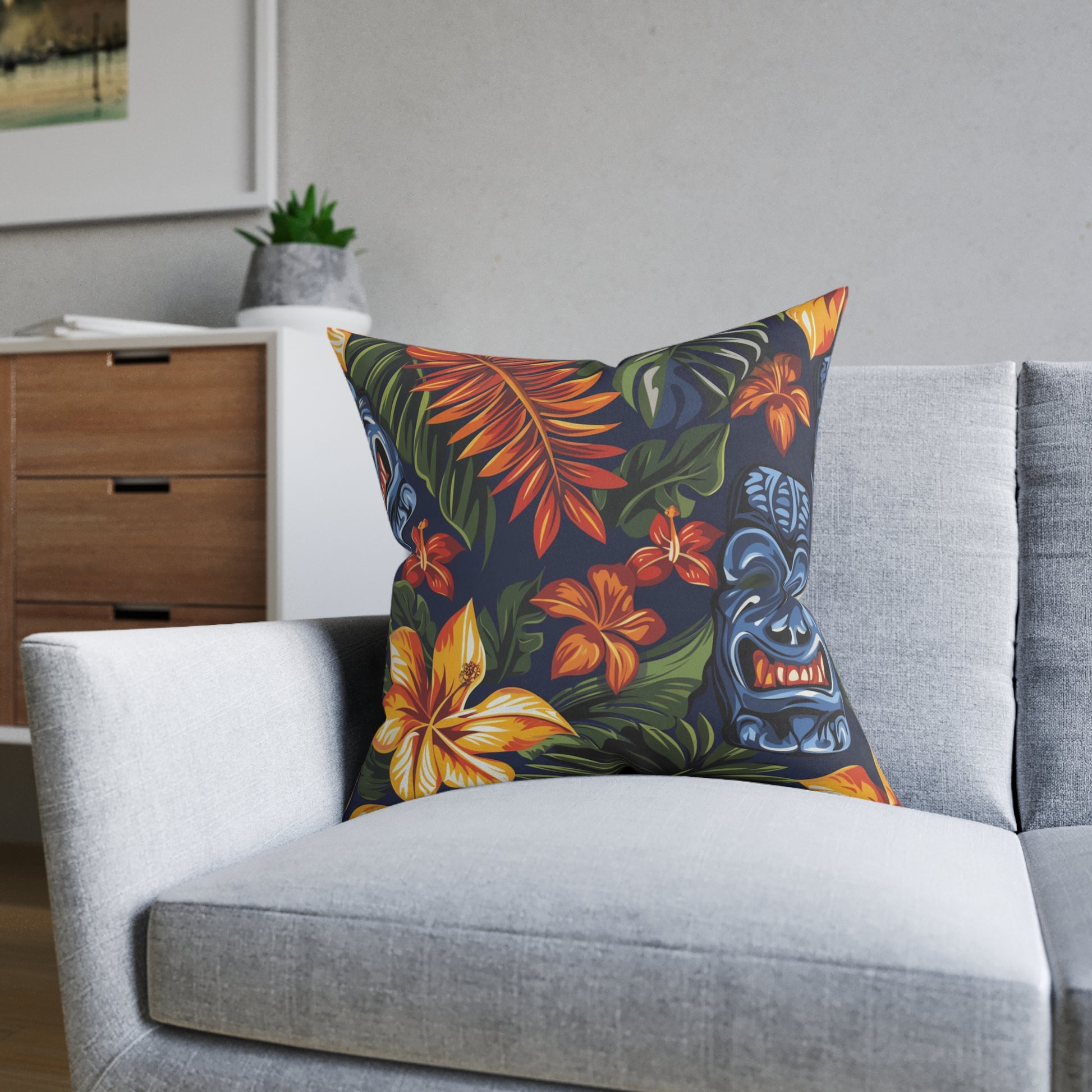 Tiki Bloom Navy Square Pillow, Artsulli - Art is Long, Life is Short, Home Decor, , , , , , , 