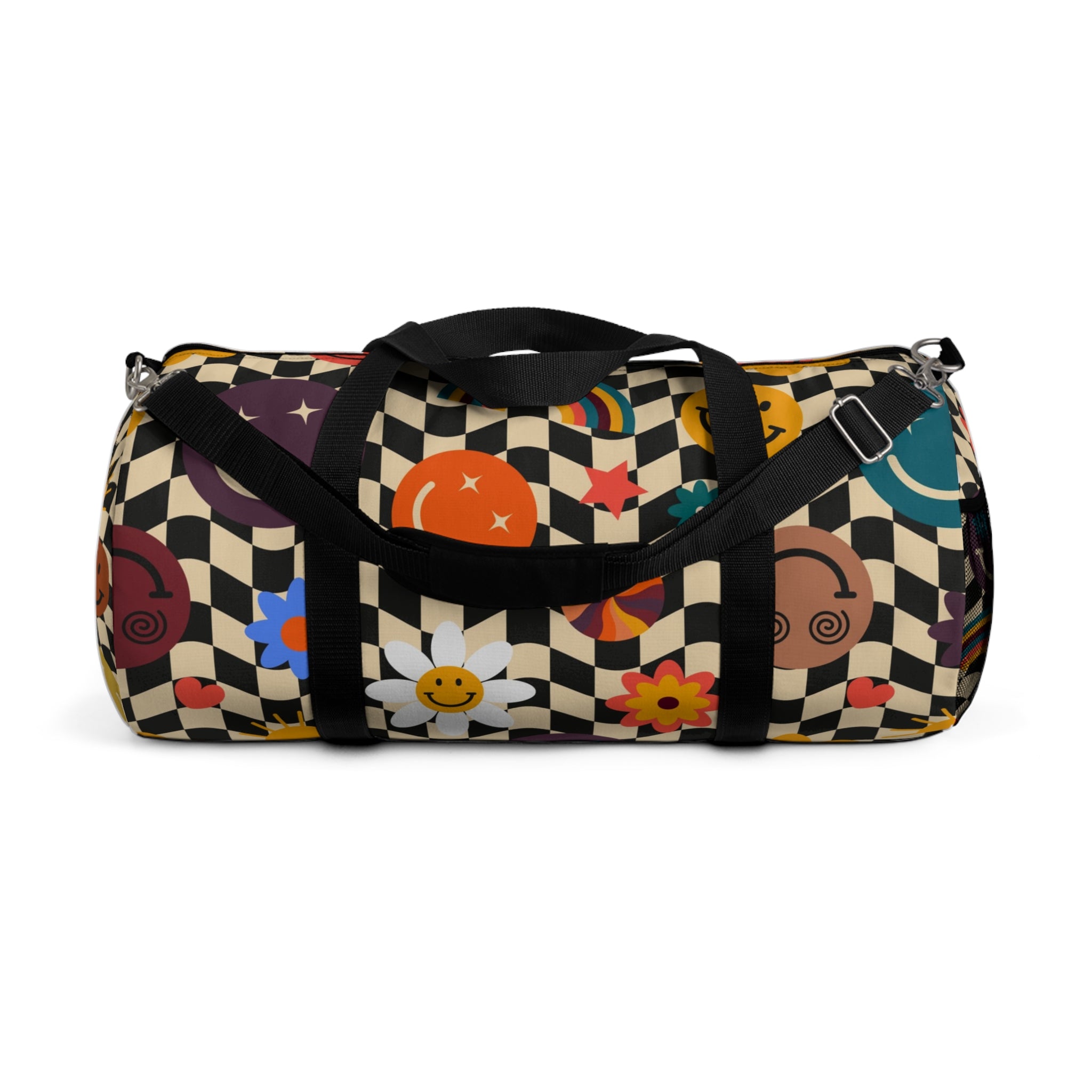 Trippy x Wavy Checkerboard x Smiley Face x Rainbow x Flowers II Multi-Color Duffel Bag, Artsulli - Art is Long, Life is Short, Bags, Size, Large, , , , , 30862971114079440867