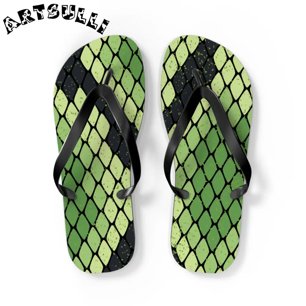 JAKKOUTTHEBXX Snake Skin Green and Black Flip Flops JAKKOUTTHEBXX