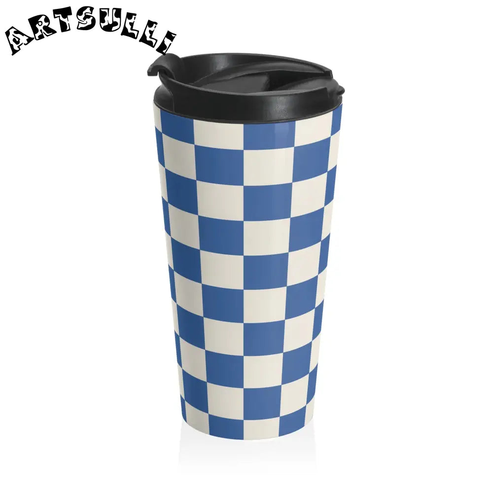 JAKKOUTTHEBXX Checkerboard Blue Stainless Steel Travel Mug