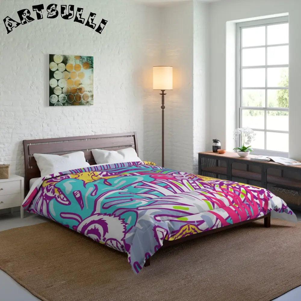 JAKKOUTTHEBXX Tropical Floral Tigers Torquise and Purple Comforter