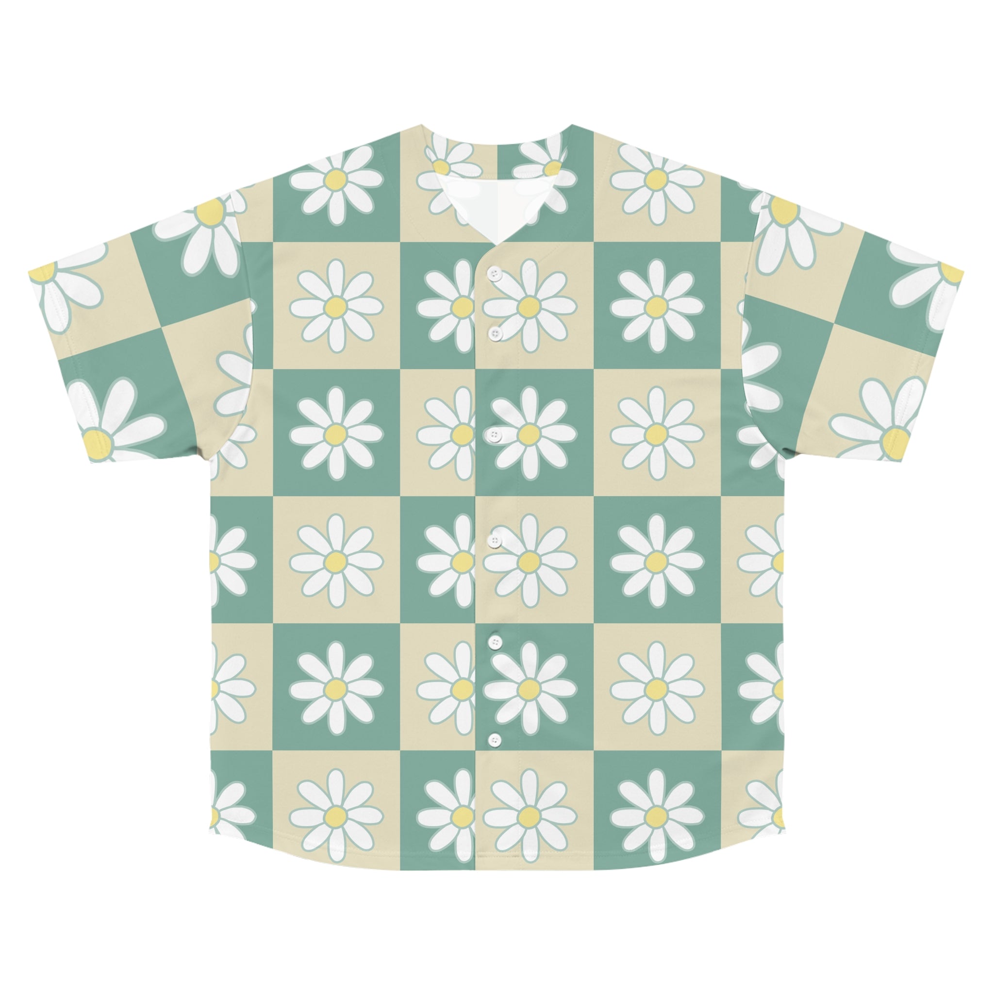 Retro Daisy Checkerboard Green and Tan Men's Baseball Jersey (AOP), Artsulli - Art is Long, Life is Short, All Over Prints, Size, S, Color, Seam thread color automatically matched to design, , , 20218475777170597081
