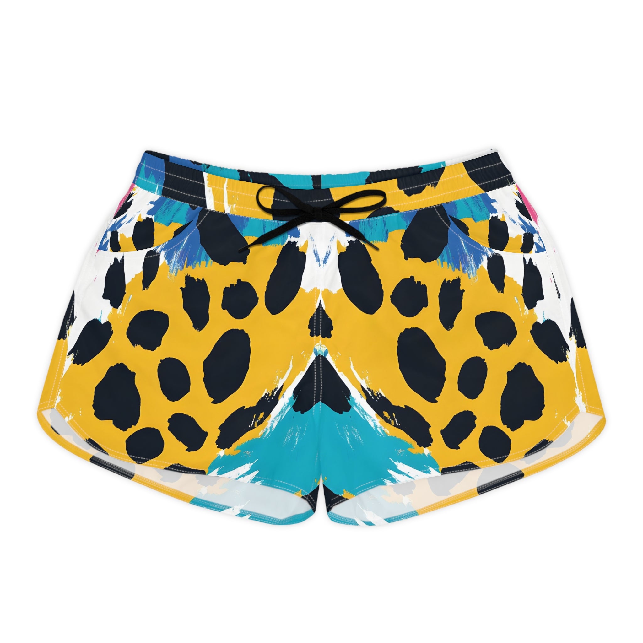 Leopard Print x Paint Brush Strokes Multi-Color Women's Casual Shorts (AOP), Artsulli - Art is Long, Life is Short, All Over Prints, Size, S, Color, Black drawstring, , , 24900148734280246303