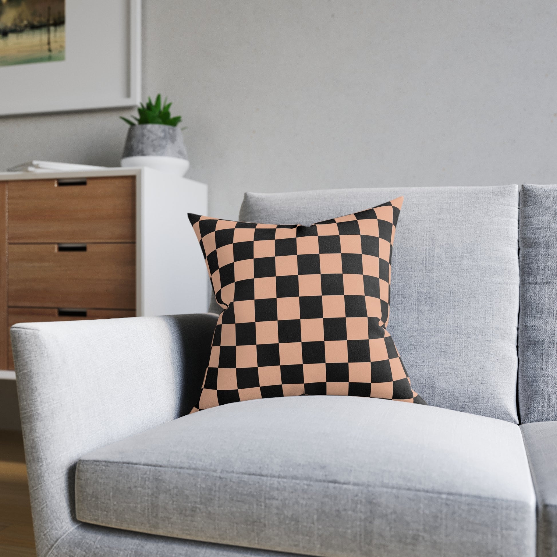 Checkerboard Soft Orange and Black Square Pillow, Artsulli - Art is Long, Life is Short, Home Decor, , , , , , , 