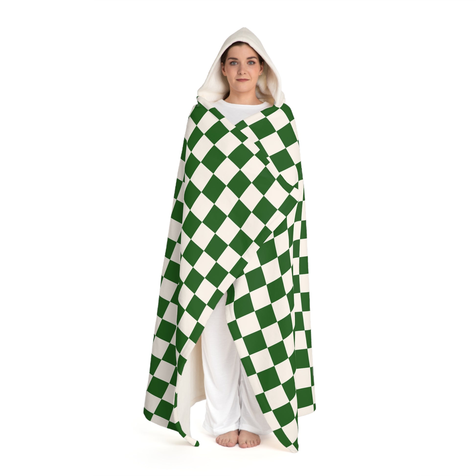 Checkerboard White and Dark Green Hooded Sherpa Fleece Blanket, Artsulli - Art is Long, Life is Short, All Over Prints, , , , , , , 