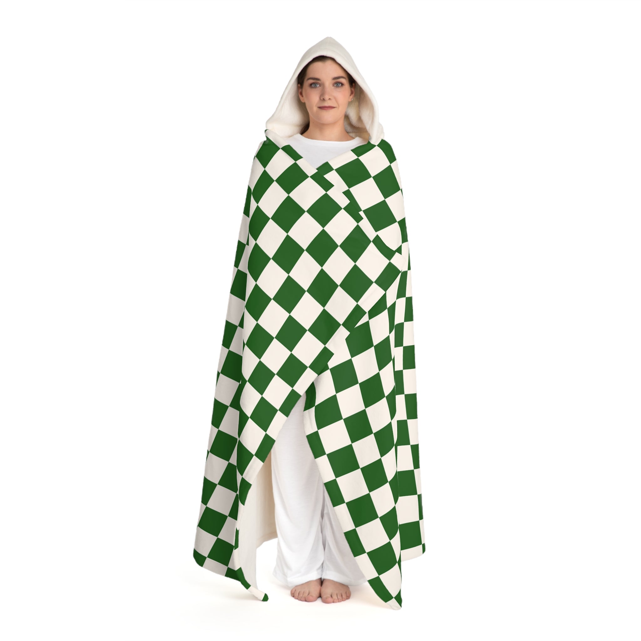Checkerboard White and Dark Green Hooded Sherpa Fleece Blanket, Artsulli - Art is Long, Life is Short, All Over Prints, , , , , , , 