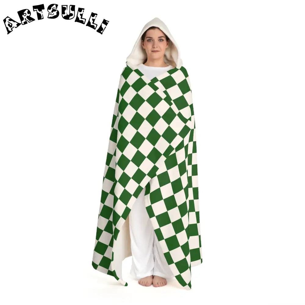 JAKKOUTTHEBXX Checkerboard White and Dark Green Hooded Sherpa Fleece