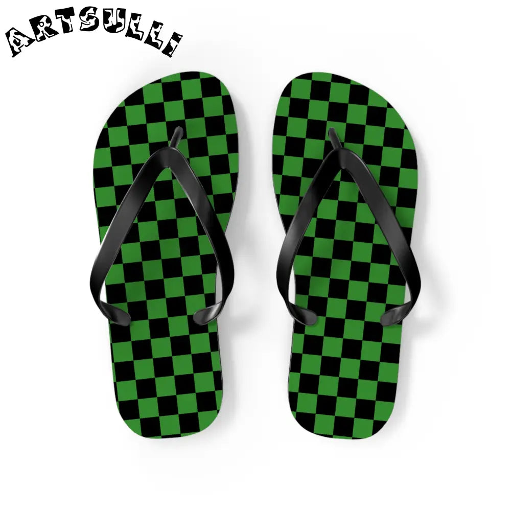 JAKKOUTTHEBXX Checkerboard Green and Black Flip Flops JAKKOUTTHEBXX