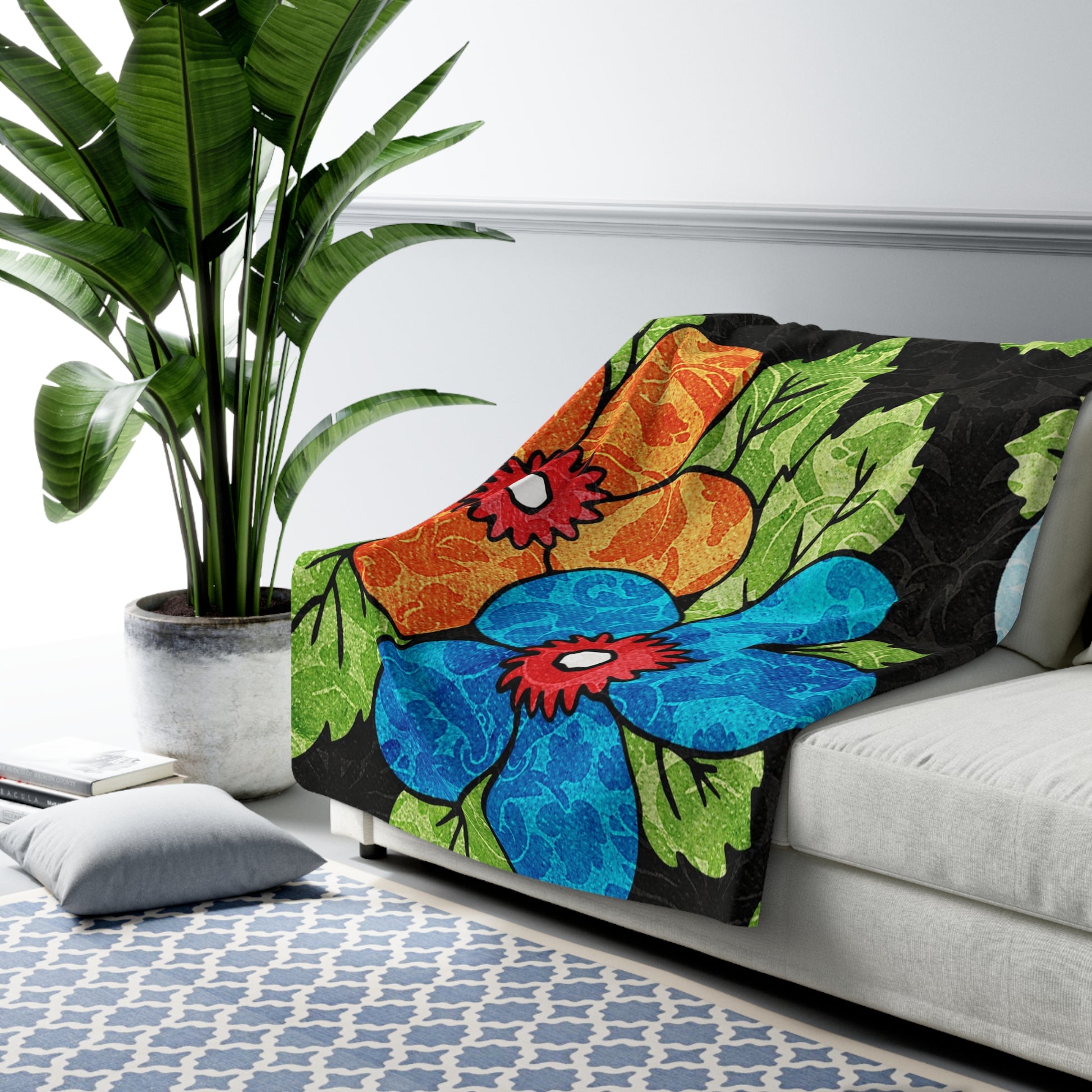 Groovy Black Floral Kl Sherpa Fleece Blanket, Artsulli - Art is Long, Life is Short, Home Decor, , , , , , , 