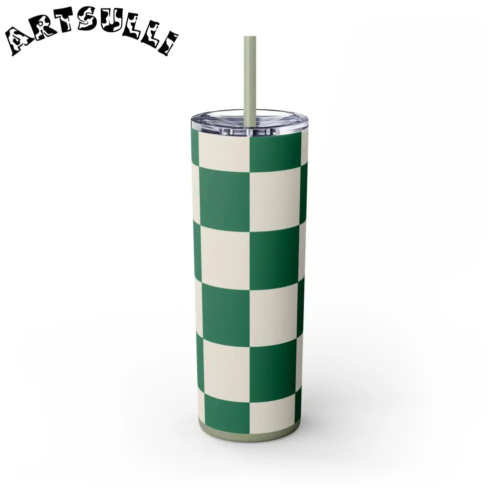 JAKKOUTTHEBXX Checkerboard Dark Green Skinny Tumbler with Straw 20oz