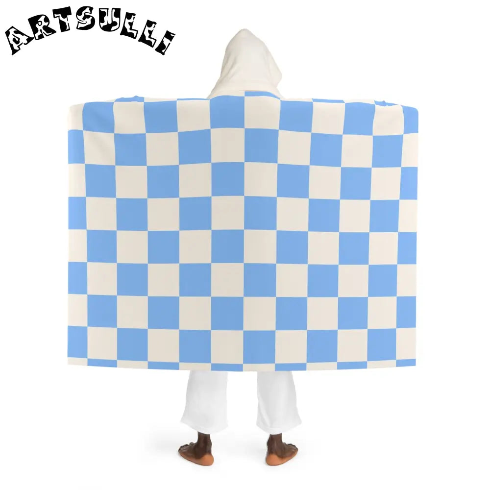 JAKKOUTTHEBXX Checkerboard White and Light Blue Hooded Sherpa Fleece