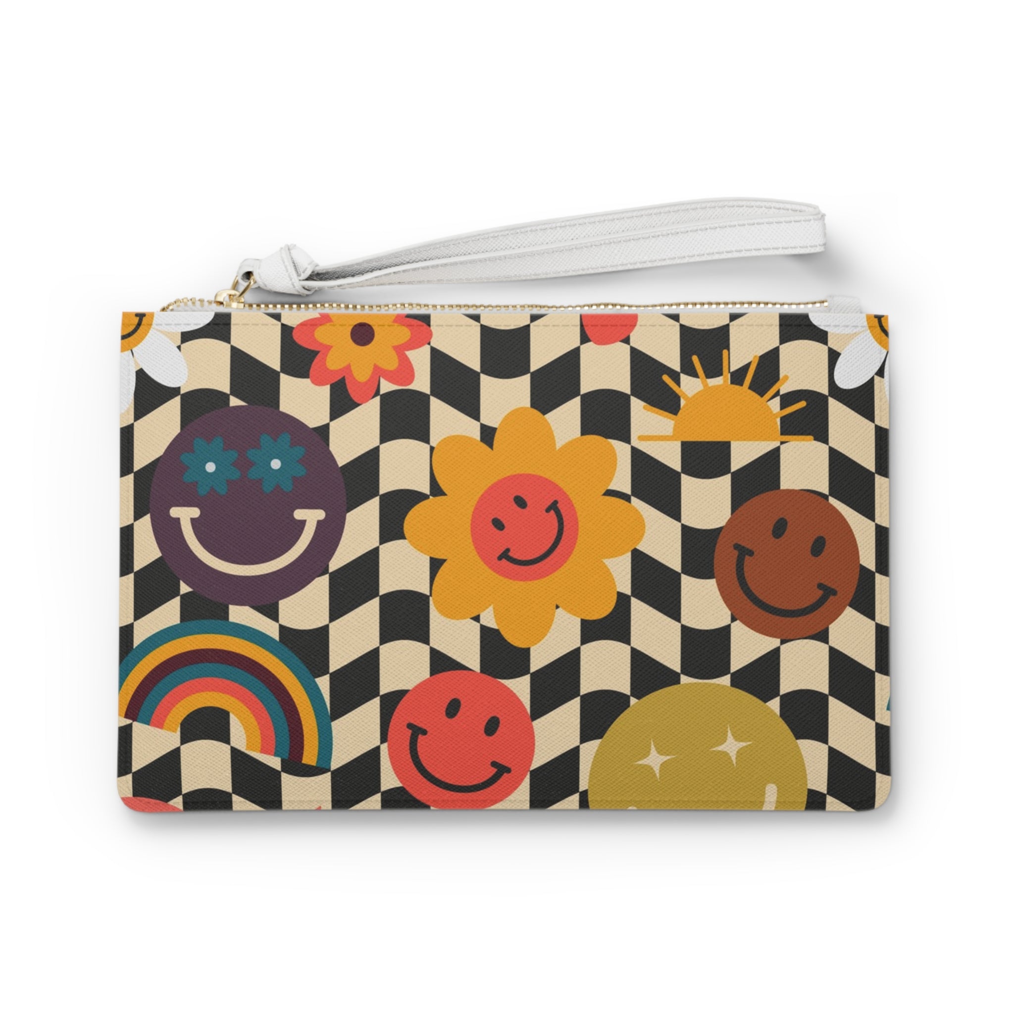 Trippy x Wavy Checkerboard x Smiley Face x Rainbow x Flowers Multi-Color Clutch Bag, Artsulli - Art is Long, Life is Short, Bags, Size, One size, , , , , 36910167867538131046