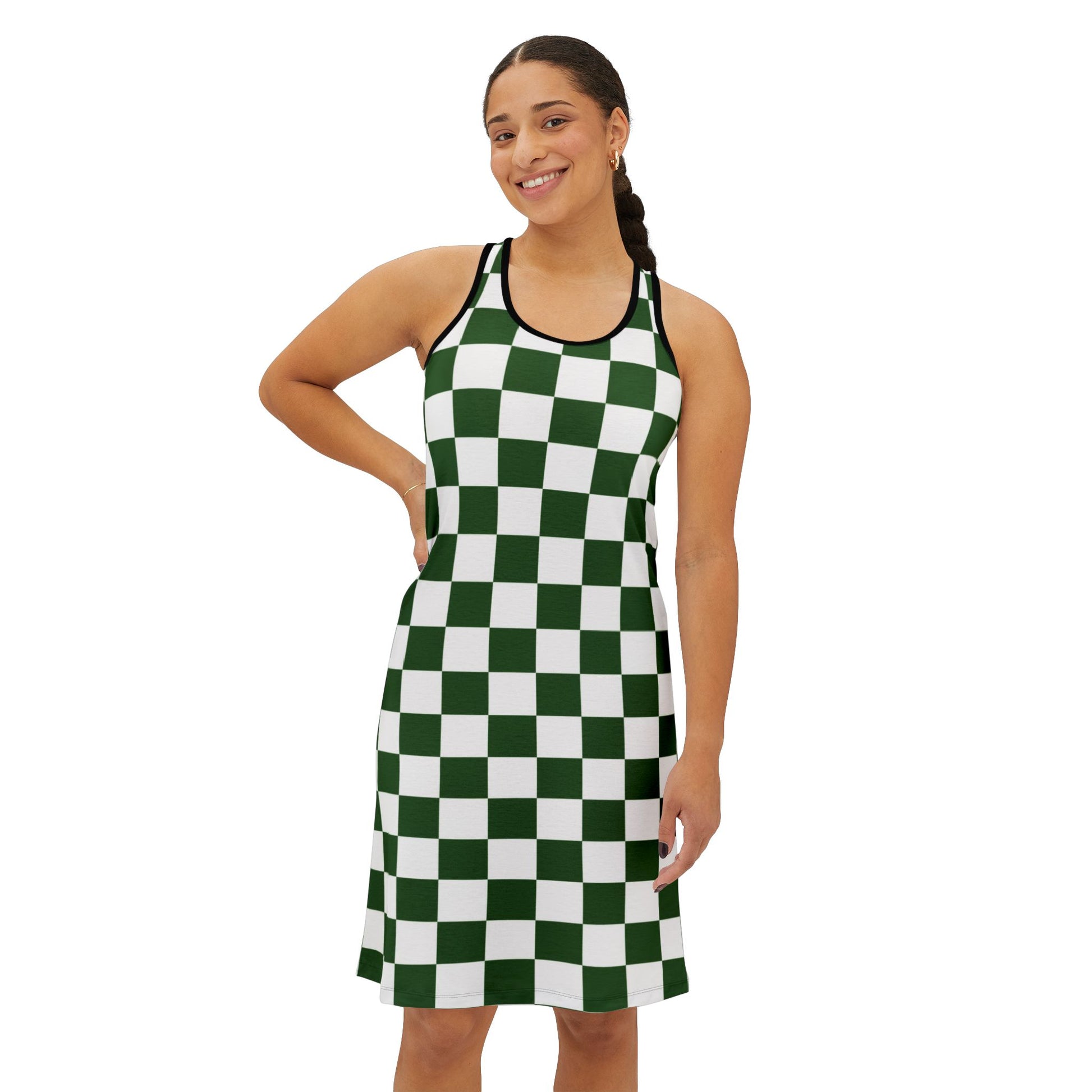 Checkerboard White and Dark Green Women's Racerback Dress (AOP), Artsulli - Art is Long, Life is Short, Tank Top, , , , , , , 