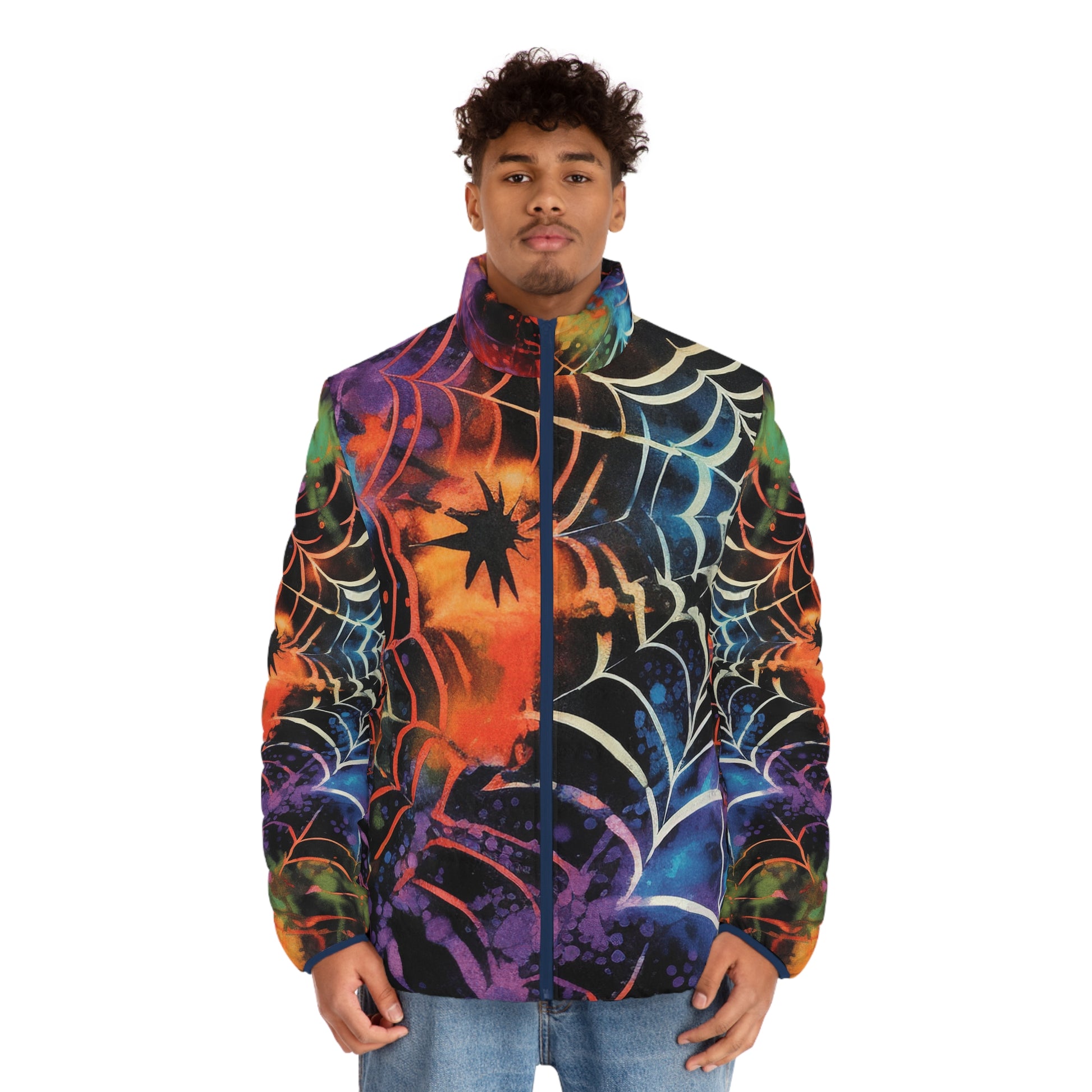 Spider Web Tie Dye Men's Puffer Jacket (AOP), Artsulli - Art is Long, Life is Short, All Over Prints, , , , , , , 
