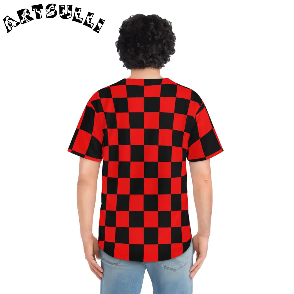 JAKKOUTTHEBXX Checkerboard Red and Black Men’s Baseball Jersey (AOP)