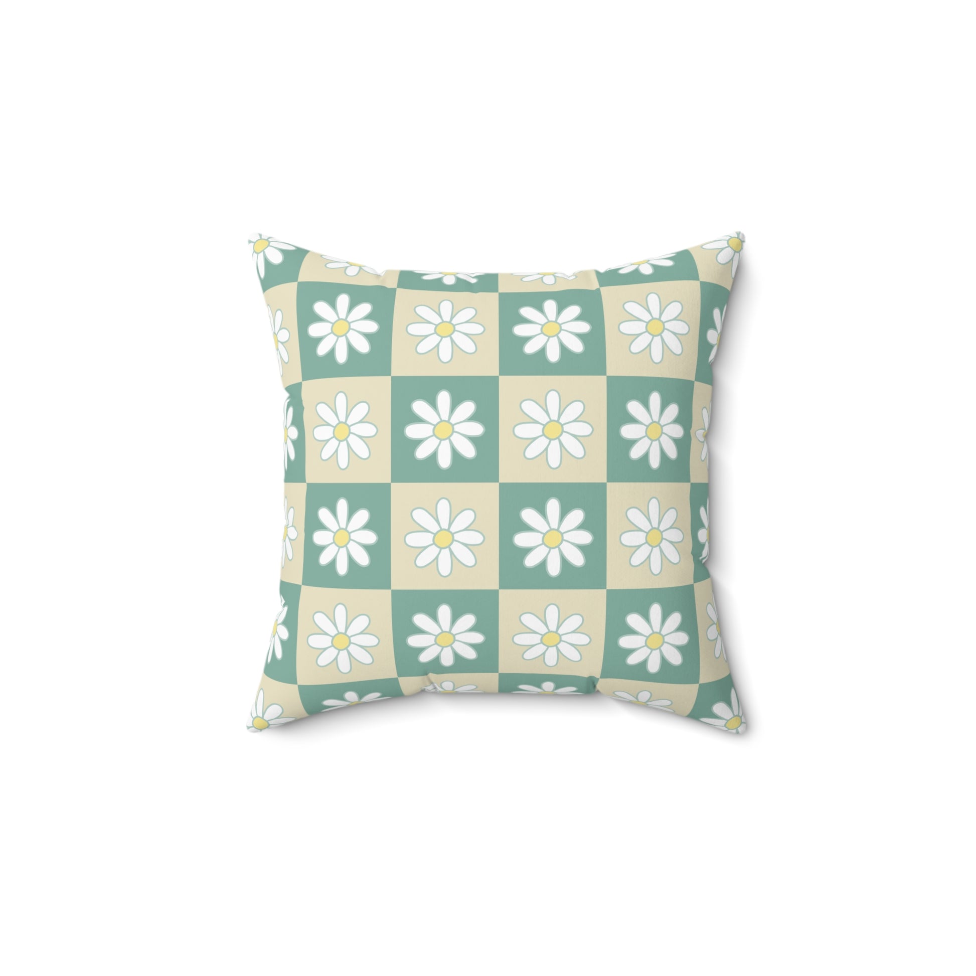 Retro Daisy Checkerboard Green and Tan Spun Polyester Square Pillow, Artsulli - Art is Long, Life is Short, Home Decor, , , , , , , 