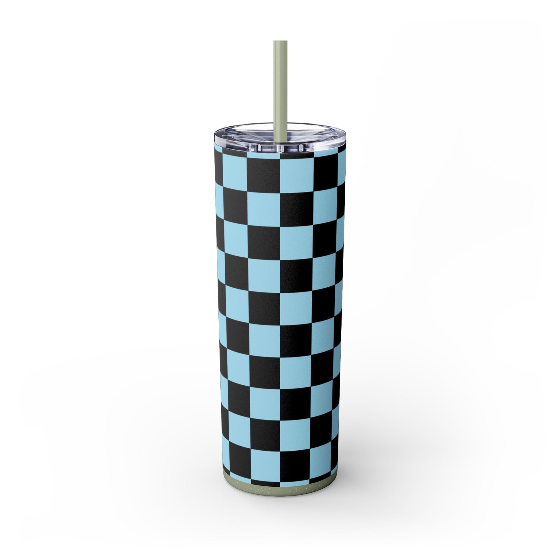 Checkerboard Black and Blue Skinny Tumbler with Straw, 20oz, Artsulli - Art is Long, Life is Short, Mug, , , , , , , 