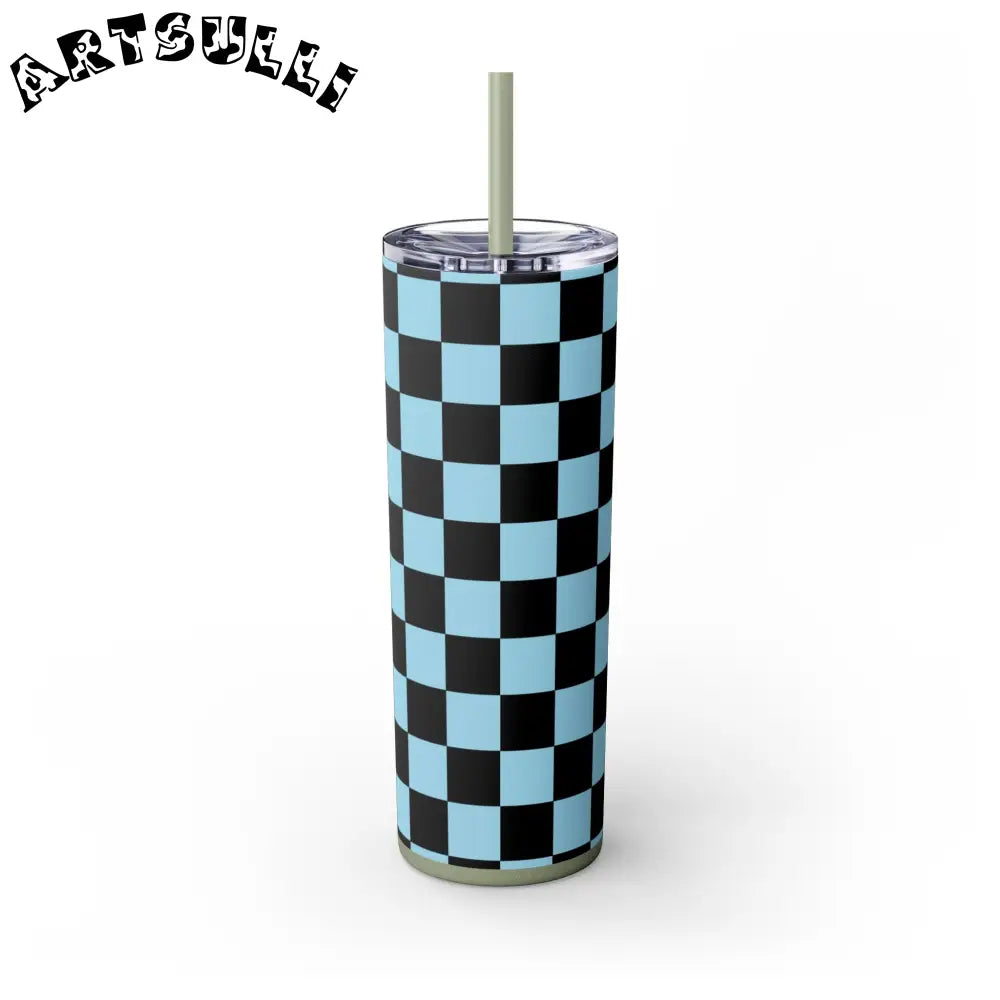 JAKKOUTTHEBXX Checkerboard Black and Blue Skinny Tumbler with Straw
