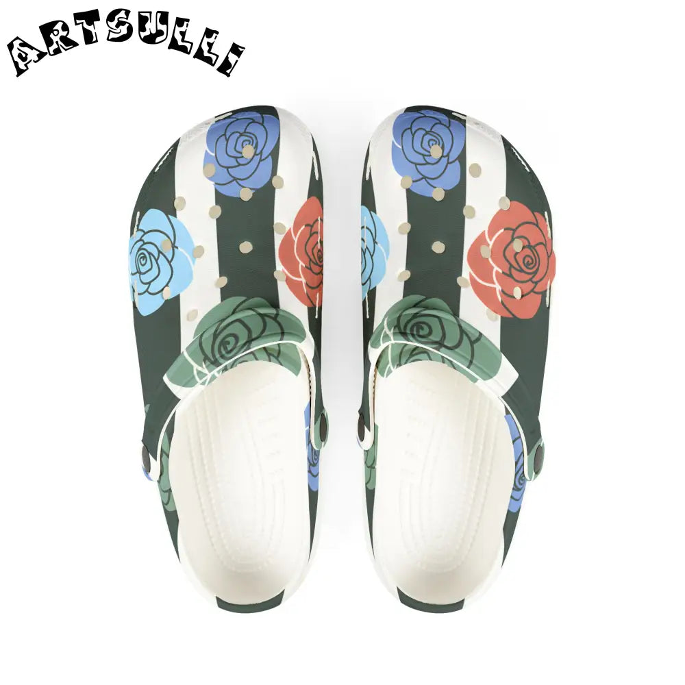 JAKKOUTTHEBXX Stripes x Roses Black and White EVA Foam Rubber Shoes