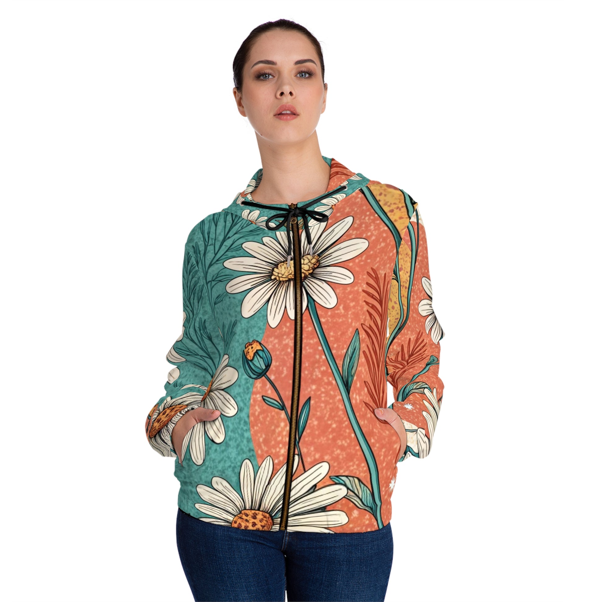 Retro Daisy Dream Women’s Full-Zip Hoodie (AOP), Artsulli - Art is Long, Life is Short, All Over Prints, , , , , , , 