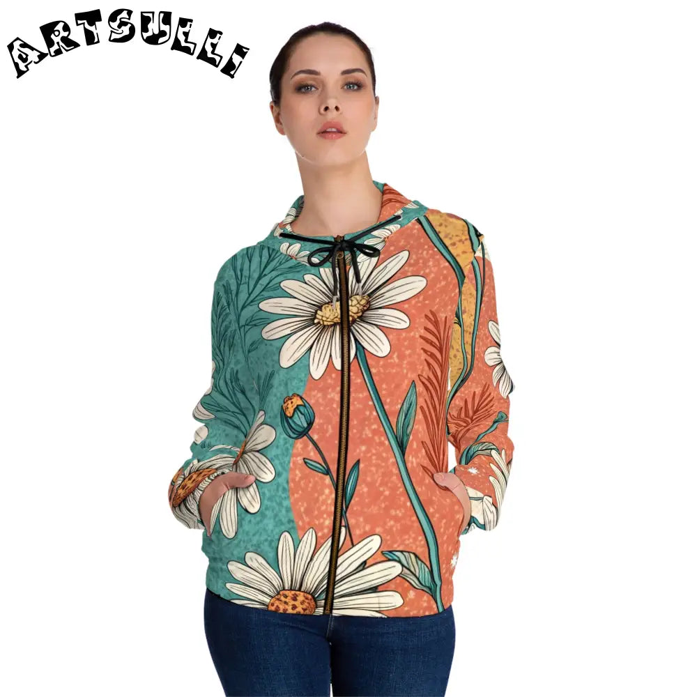 JAKKOUTTHEBXX Retro Daisy Dream Women’s Full-Zip Hoodie (AOP)