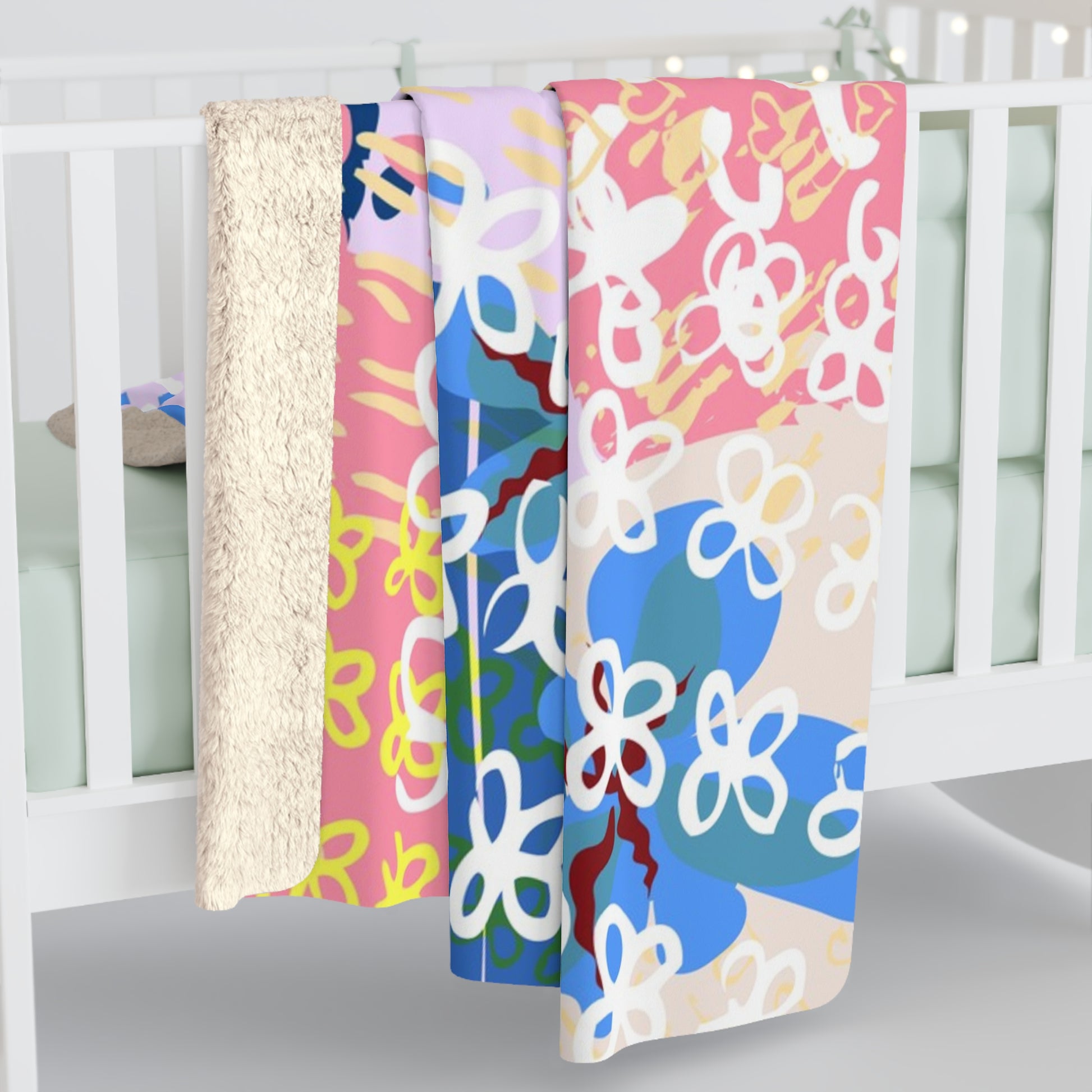 Flowers x Doodles x Hearts Multi-Color Sherpa Fleece Blanket, Artsulli - Art is Long, Life is Short, Home Decor, , , , , , , 