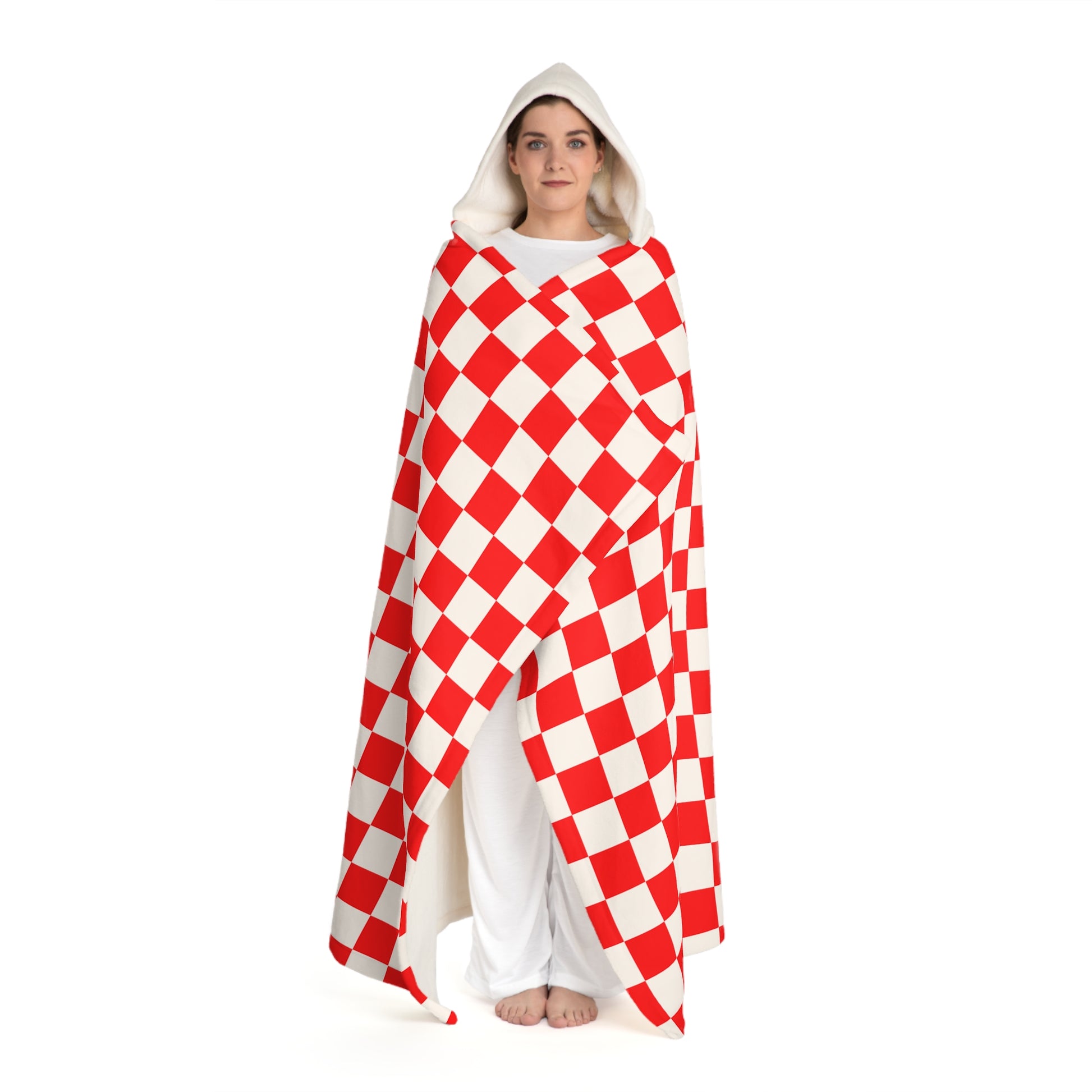 Checkerboard Red and White Hooded Sherpa Fleece Blanket, Artsulli - Art is Long, Life is Short, All Over Prints, , , , , , , 