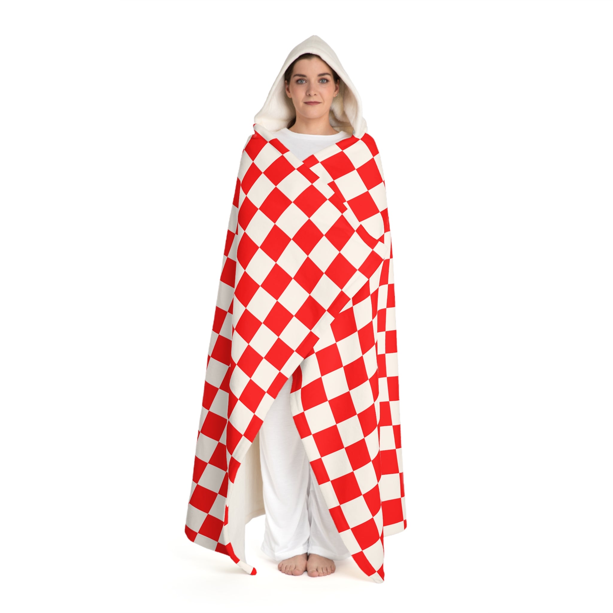 Checkerboard Red and White Hooded Sherpa Fleece Blanket, Artsulli - Art is Long, Life is Short, All Over Prints, , , , , , , 
