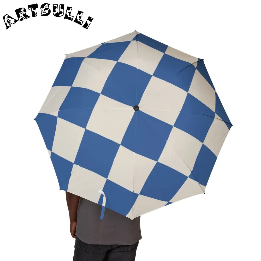 JAKKOUTTHEBXX Checkerboard Blue Semi-Automatic Foldable Umbrella