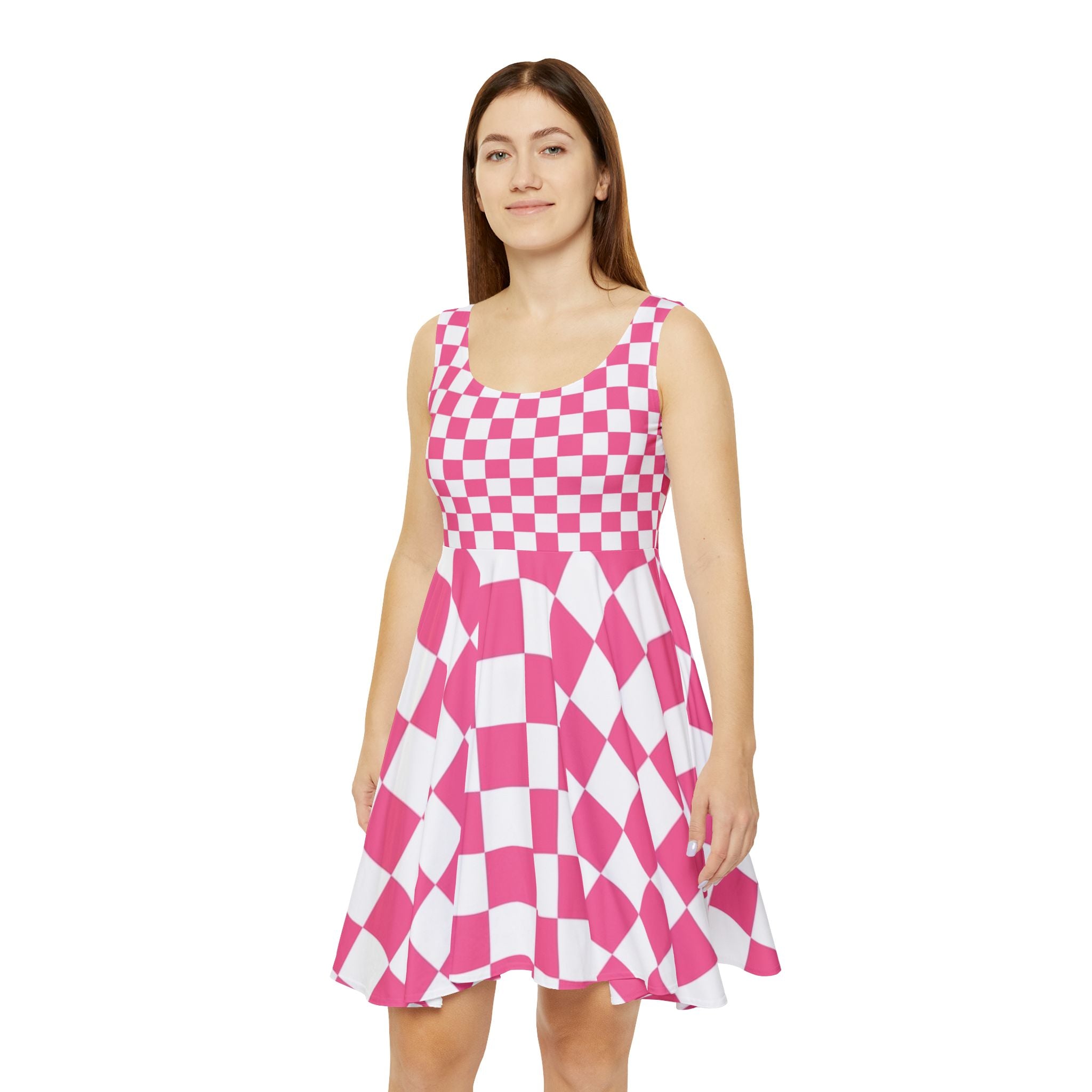 Yuyushiki Pink Check Women's Skater Dress (AOP), Artsulli - Art is Long, Life is Short, All Over Prints, , , , , , , 
