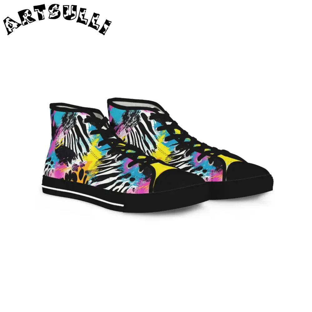 Zebra Stripes x Leopard Print x Paint Splatter Multi-Color Men's High Top Sneakers, Artsulli - Art is Long, Life is Short, Shoes, Size, US 5, Color, Black sole, , , 17837146402765