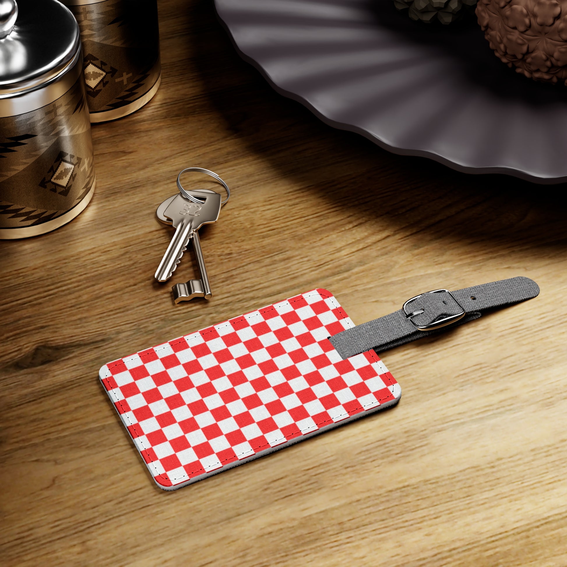 Checkerboard Red and White Saffiano Polyester Luggage Tag, Rectangle, Artsulli - Art is Long, Life is Short, Accessories, , , , , , , 