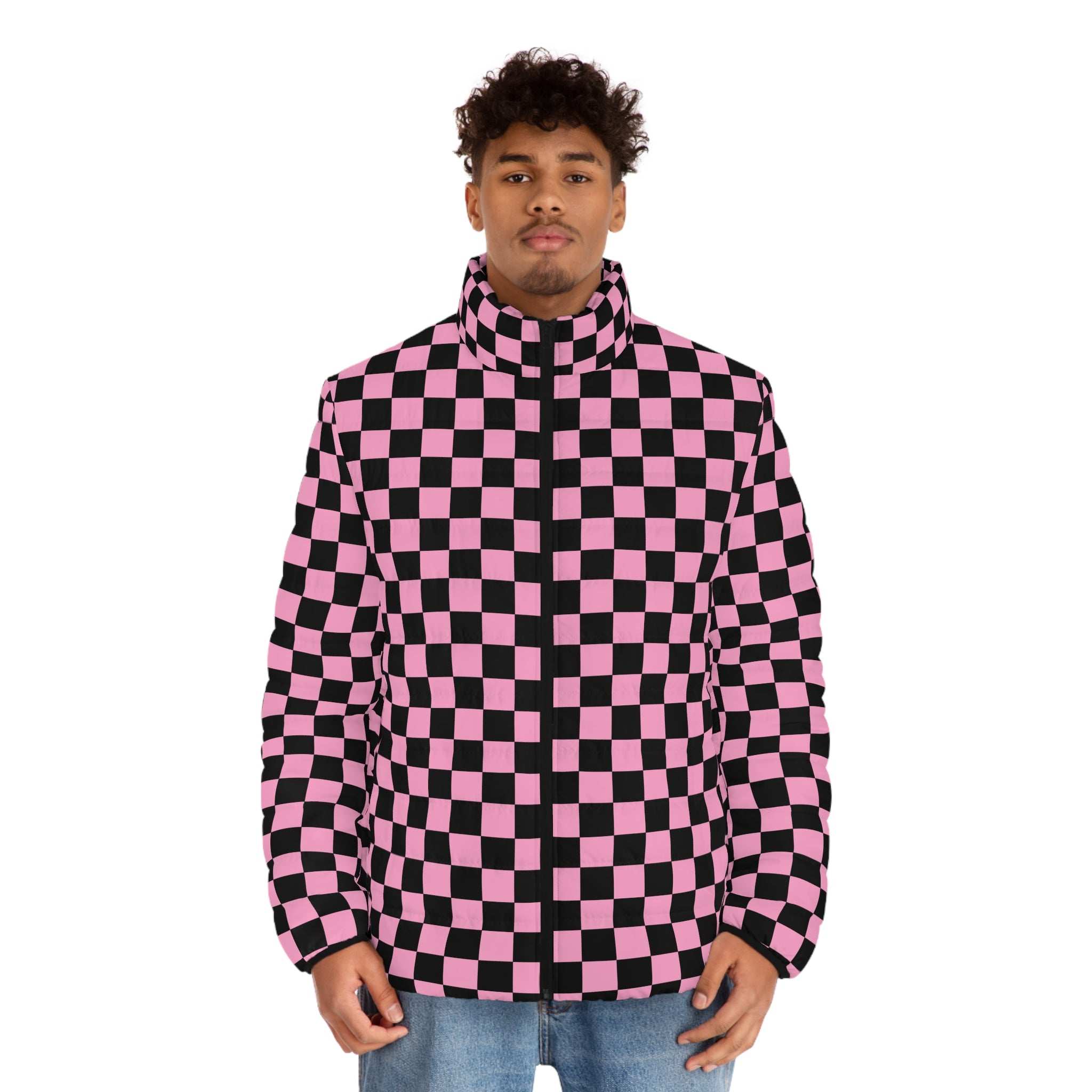 Checkerboard Black and Pink Men's Puffer Jacket (AOP), Artsulli - Art is Long, Life is Short, All Over Prints, , , , , , , 