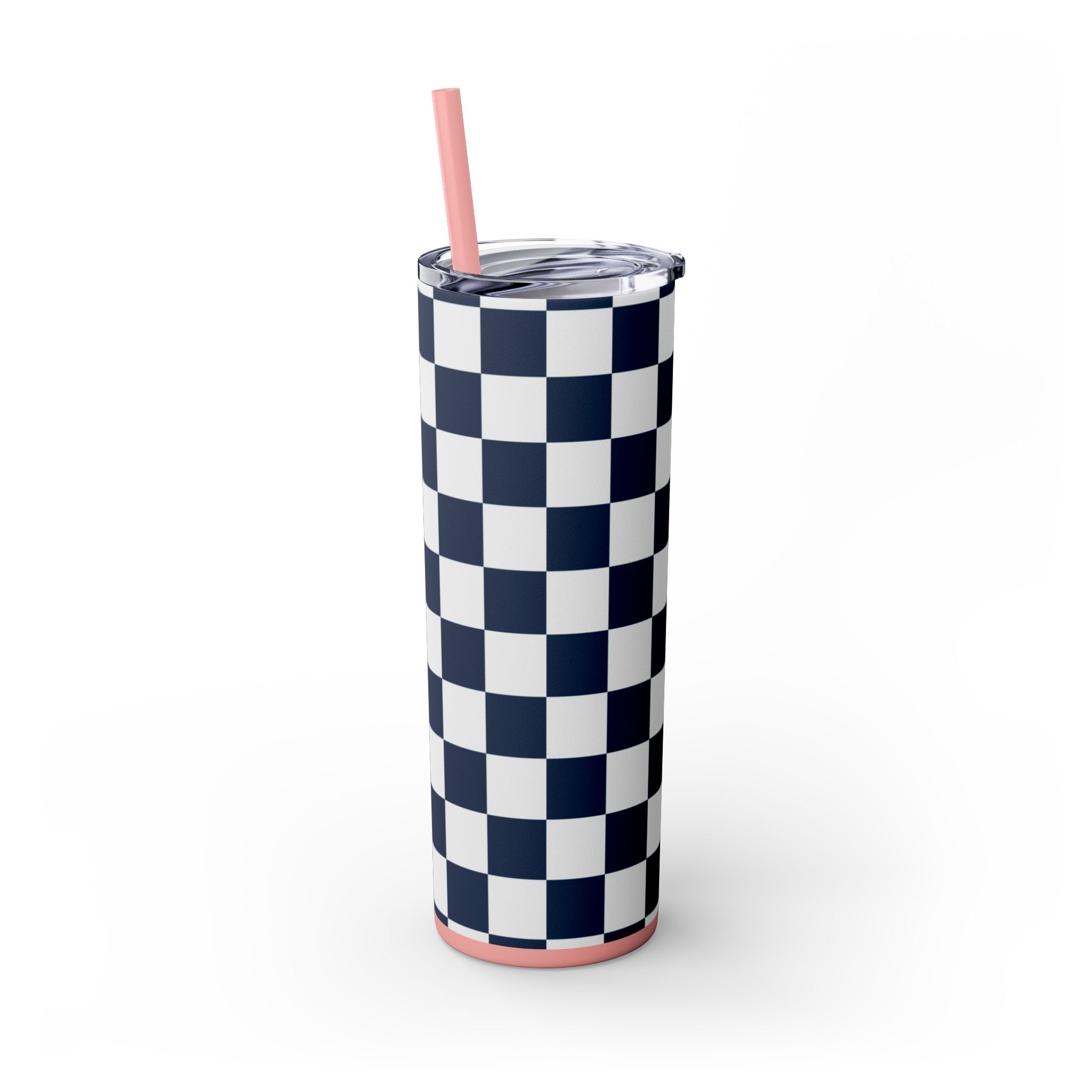 Checkerboard White and Navy Blue Skinny Tumbler with Straw, 20oz, Artsulli - Art is Long, Life is Short, Mug, , , , , , , 