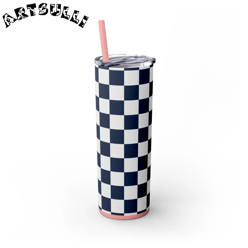 JAKKOUTTHEBXX Checkerboard White and Navy Blue Skinny Tumbler
