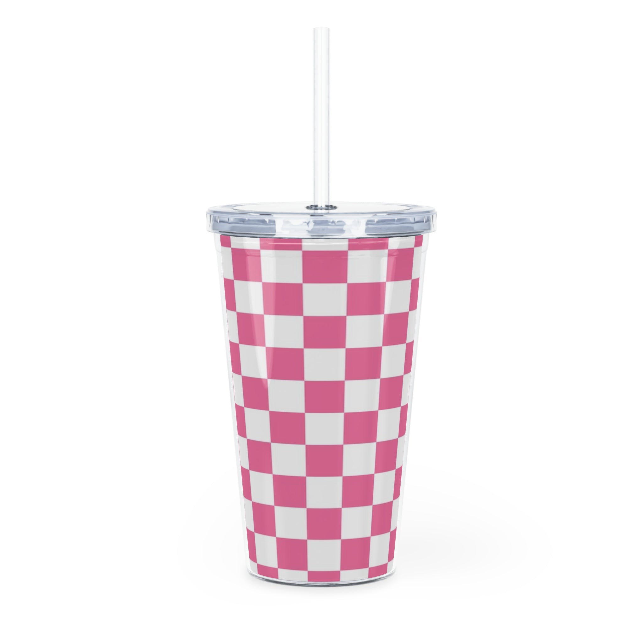 Yuyushiki Pink Check Plastic Tumbler with Straw, Artsulli - Art is Long, Life is Short, Mug, , , , , , , 
