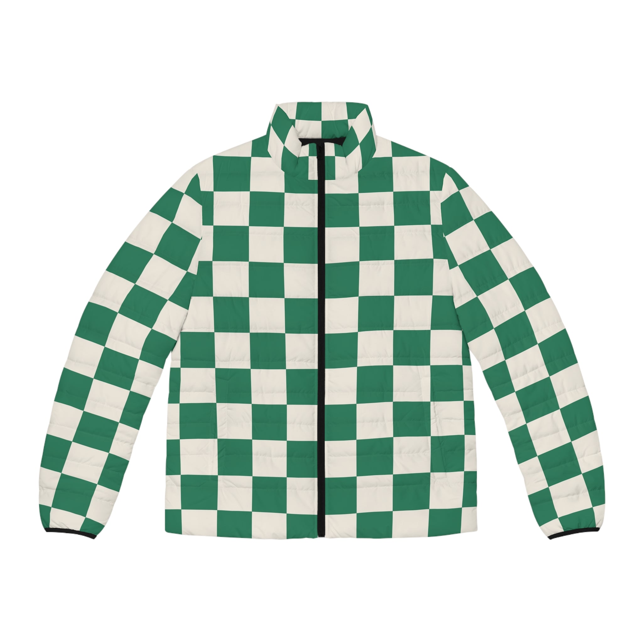 Checkerboard Dark Green Men's Puffer Jacket (AOP), Artsulli - Art is Long, Life is Short, All Over Prints, Size, S, Color, Black zipper, , , 18966766227210702692