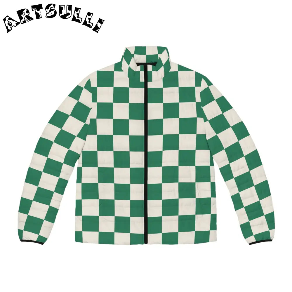 JAKKOUTTHEBXX Checkerboard Dark Green Men’s Puffer Jacket (AOP)