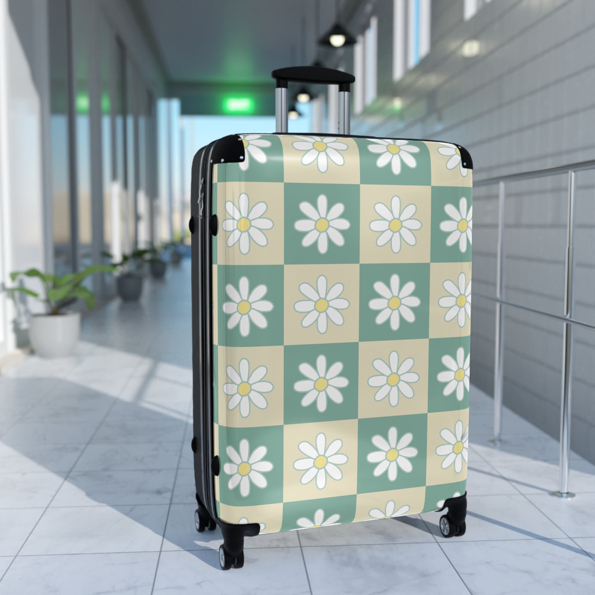 Retro Daisy Checkerboard Green and Tan Suitcase, Artsulli - Art is Long, Life is Short, Bags, , , , , , , 