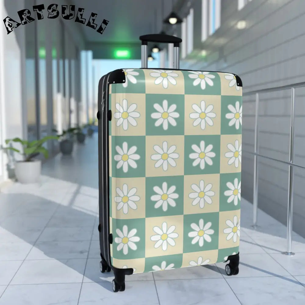 JAKKOUTTHEBXX Retro Daisy Checkerboard Green and Tan Suitcase