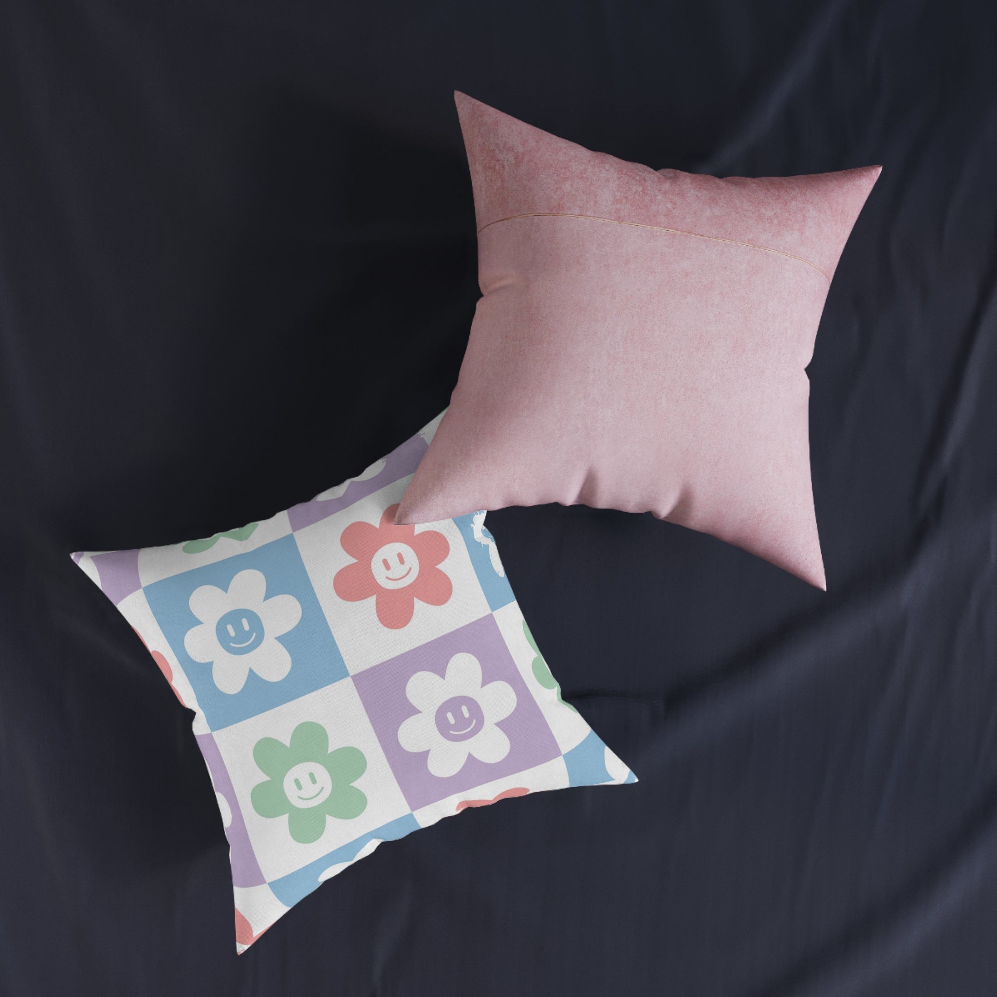 Chessboard x Smiley Face Flowers Multi-Color Square Pillow - Pink Back, Artsulli - Art is Long, Life is Short, Home Decor, , , , , , , 