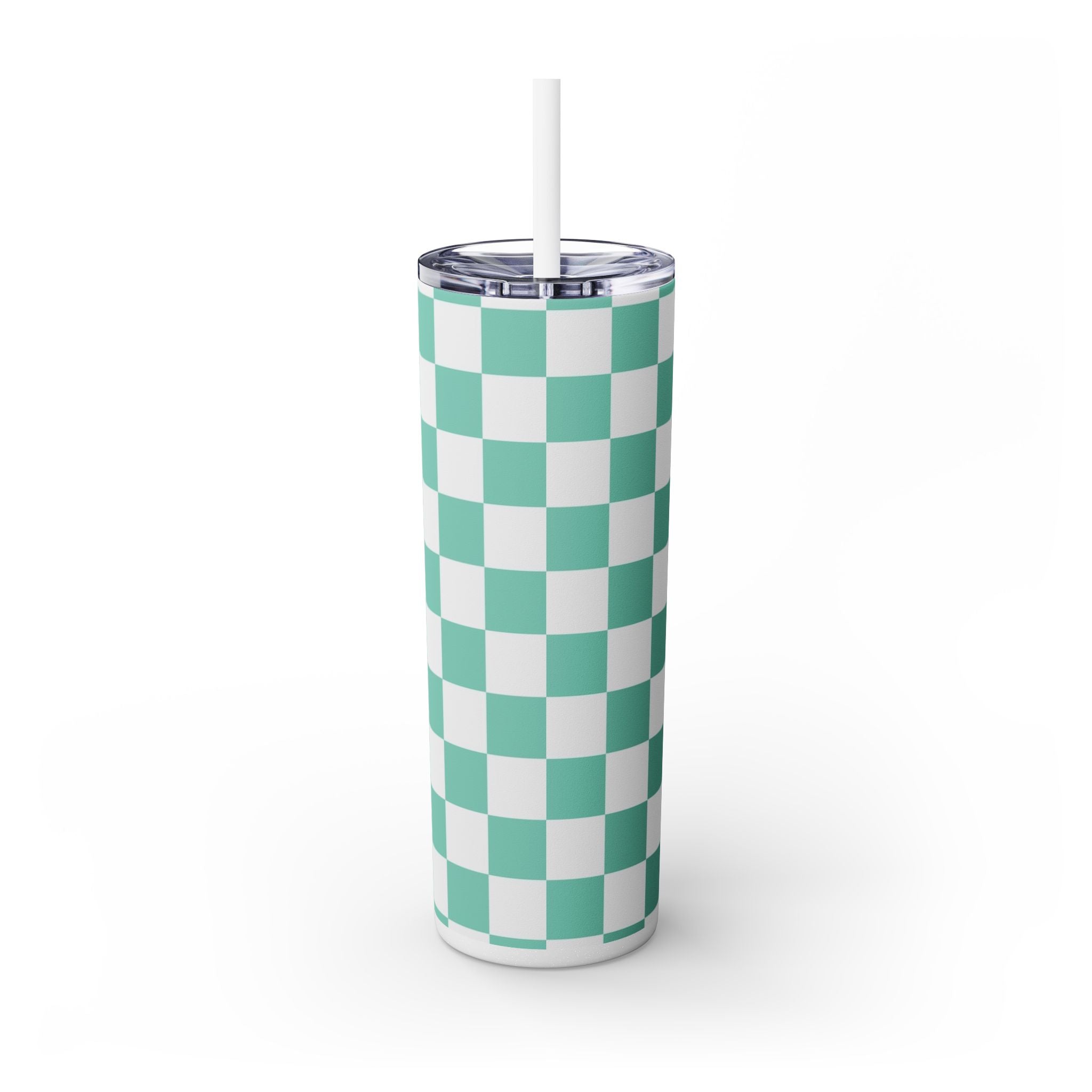 Checkerboard Light Green Skinny Tumbler with Straw, 20oz, Artsulli - Art is Long, Life is Short, Mug, , , , , , , 
