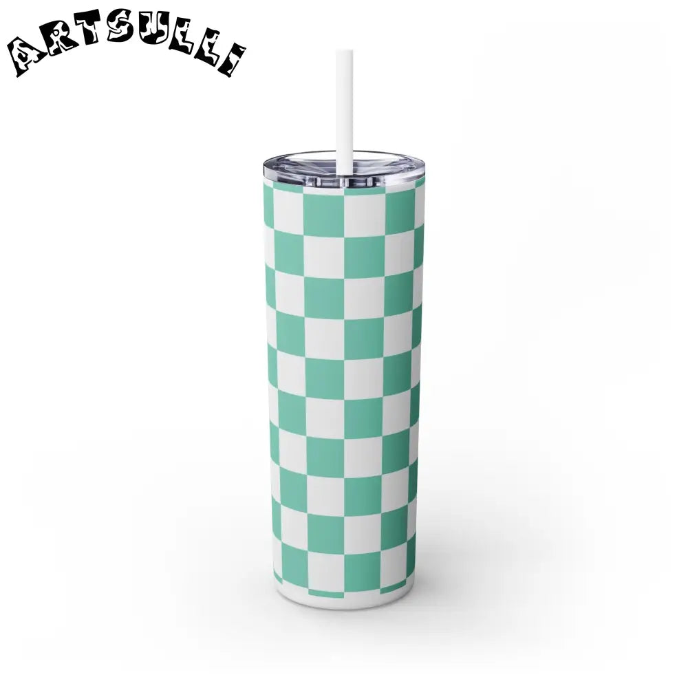 JAKKOUTTHEBXX Checkerboard Light Green Skinny Tumbler with Straw