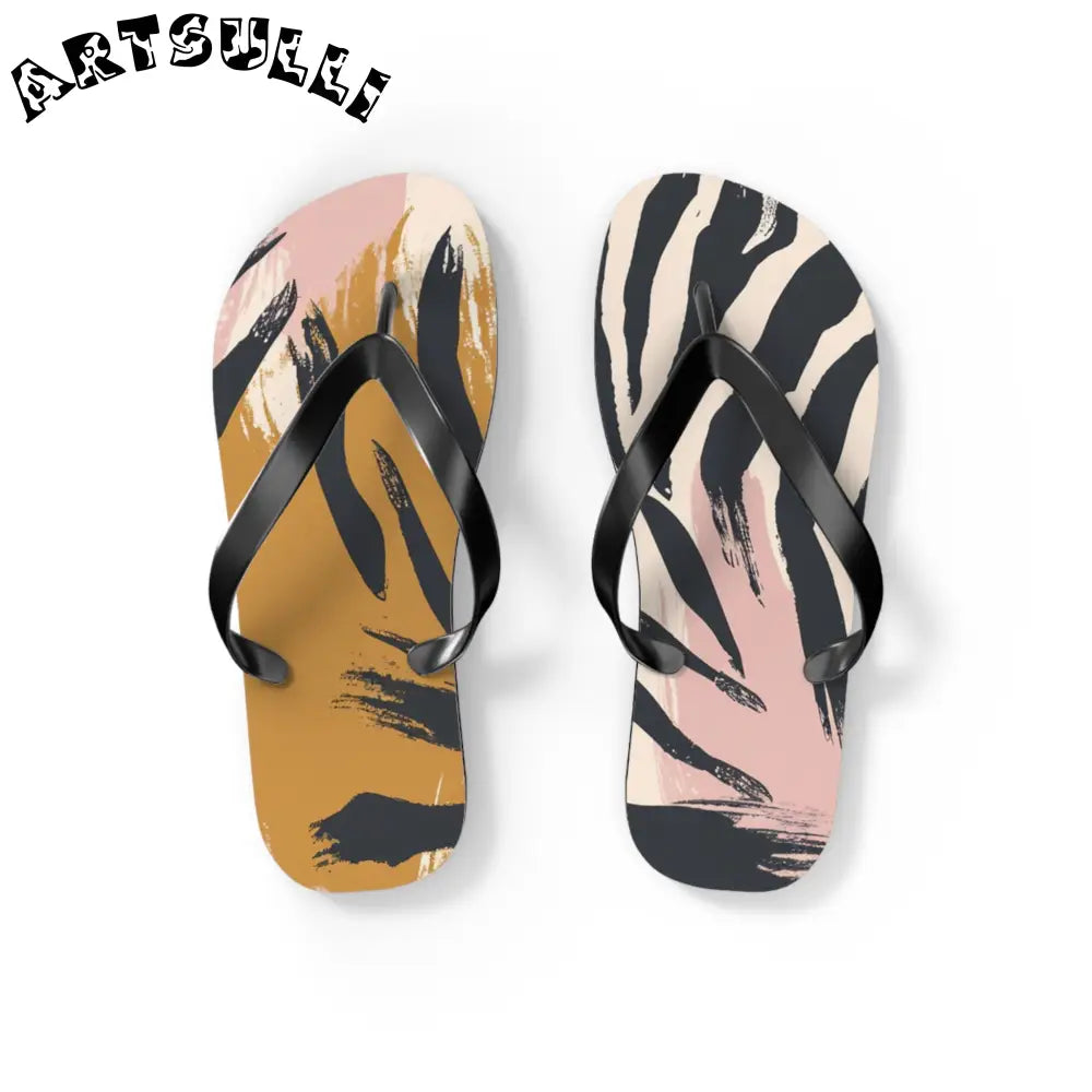 JAKKOUTTHEBXX Abstract zebra print flip flops in two color palettes