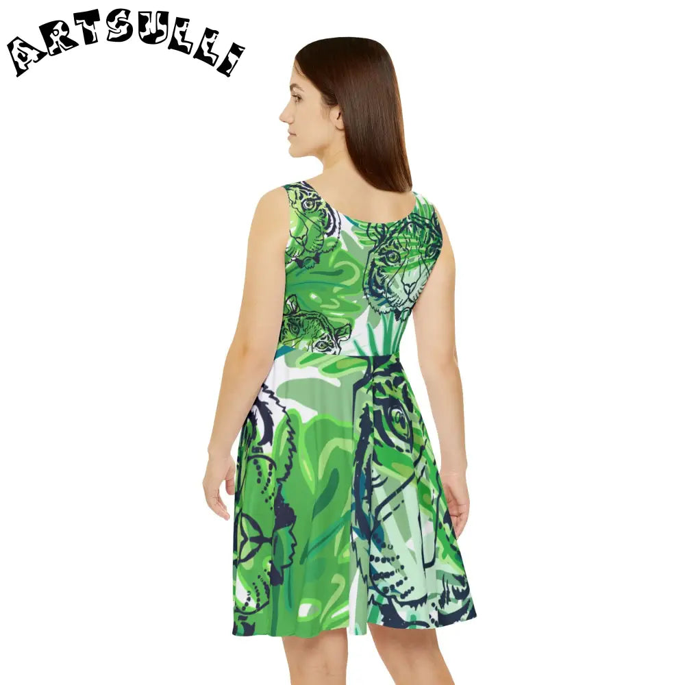JAKKOUTTHEBXX Tropical Jungle Tigers Green Women’s Skater Dress