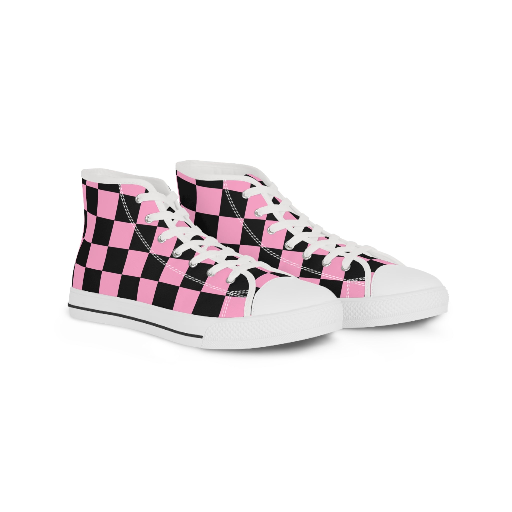 Checkerboard Black and Pink Men's High Top Sneakers, Artsulli - Art is Long, Life is Short, Shoes, Size, US 5, Color, White sole, , , 29209137881084510557
